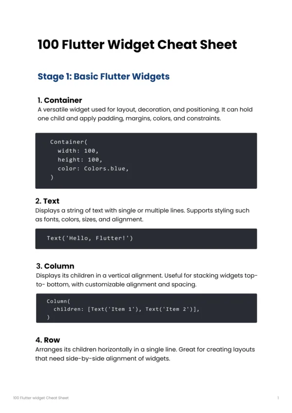 Flutter Widget Cheat sheet PDF, Flutter Cheat sheet