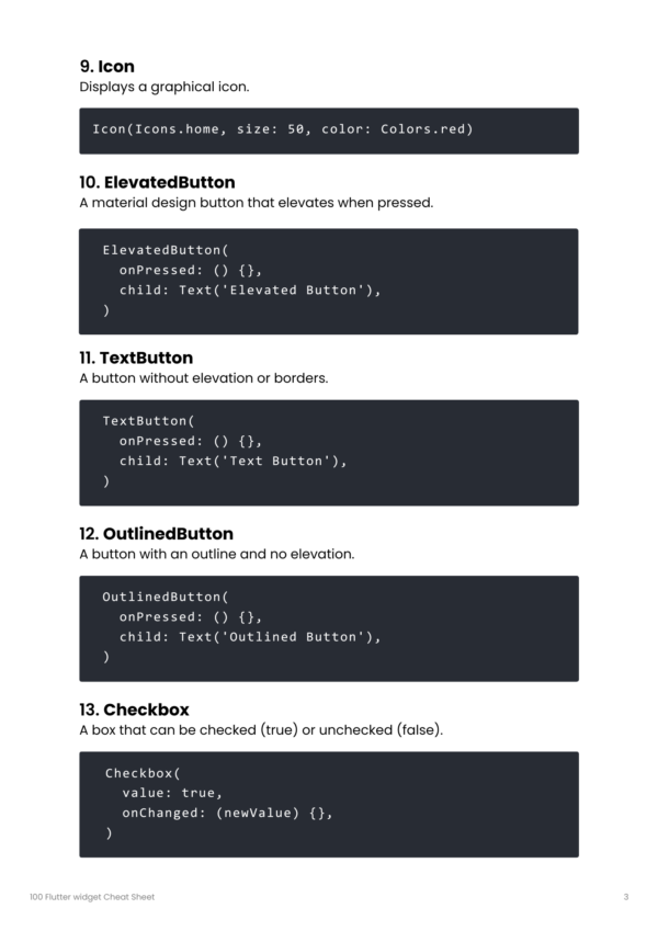 Flutter Widget Cheat sheet PDF, Flutter Cheat sheet